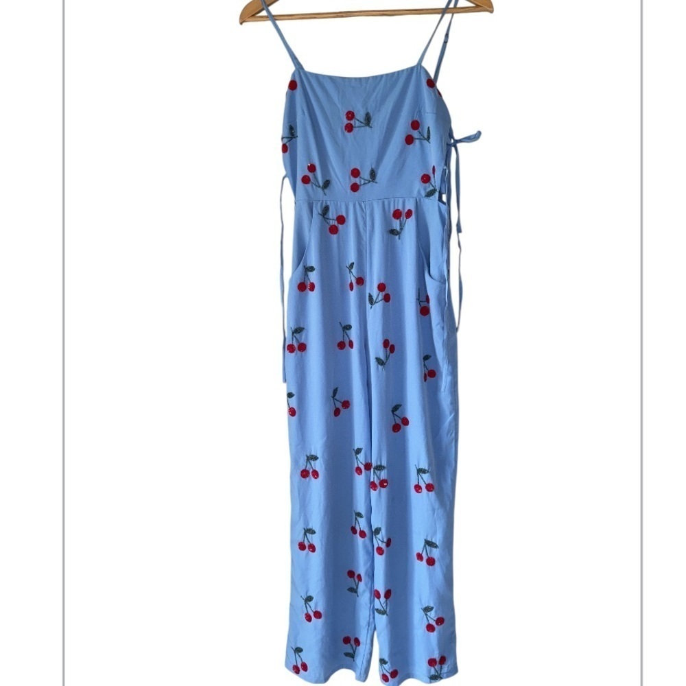 Lovers and Friends Jumpsuit x Small Blue Red Analee Cherries Beaded Side Ties XS